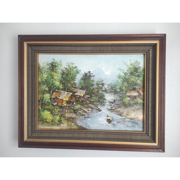 Masterpiece; "TAIWANESE FISHING VILLAGE"; OIL ON CANVAS by N. K. KAMPAN 28",22". - Picture 1 of 8